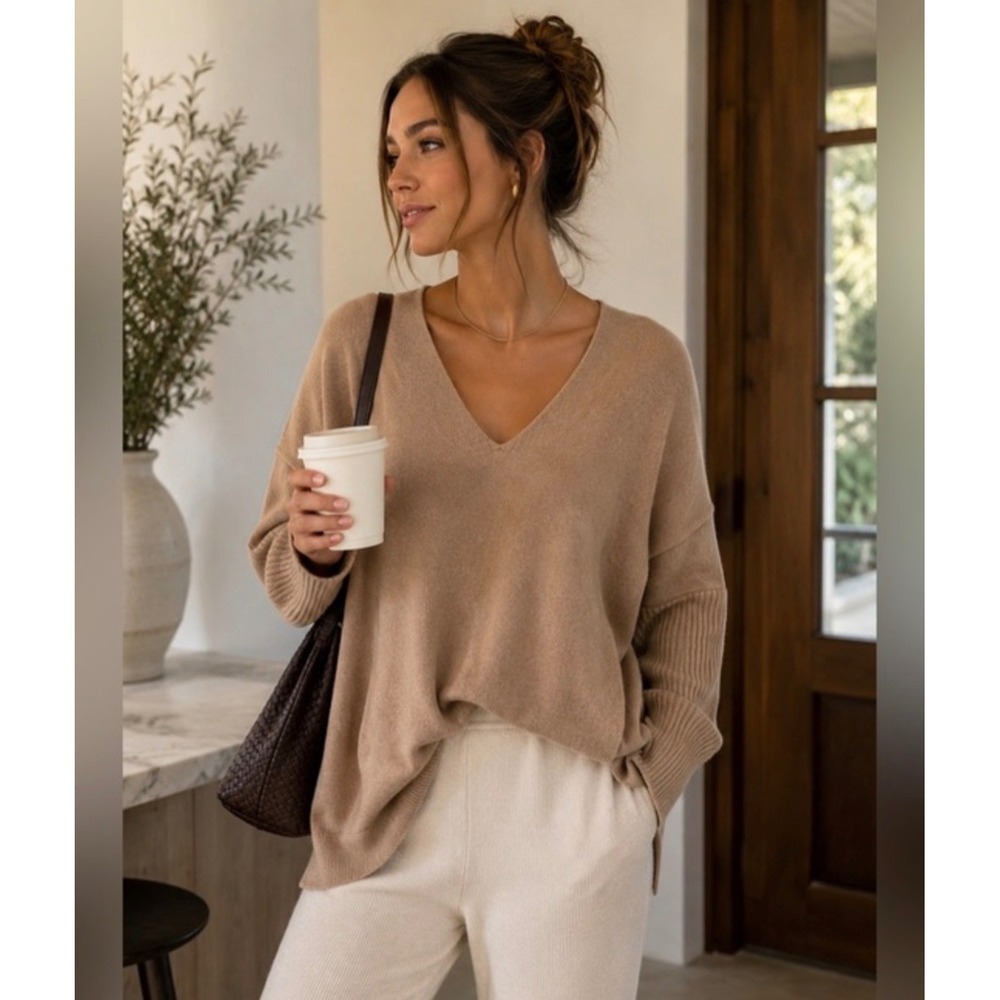 Aritzia Cozy V-Neck Sweater in Camel